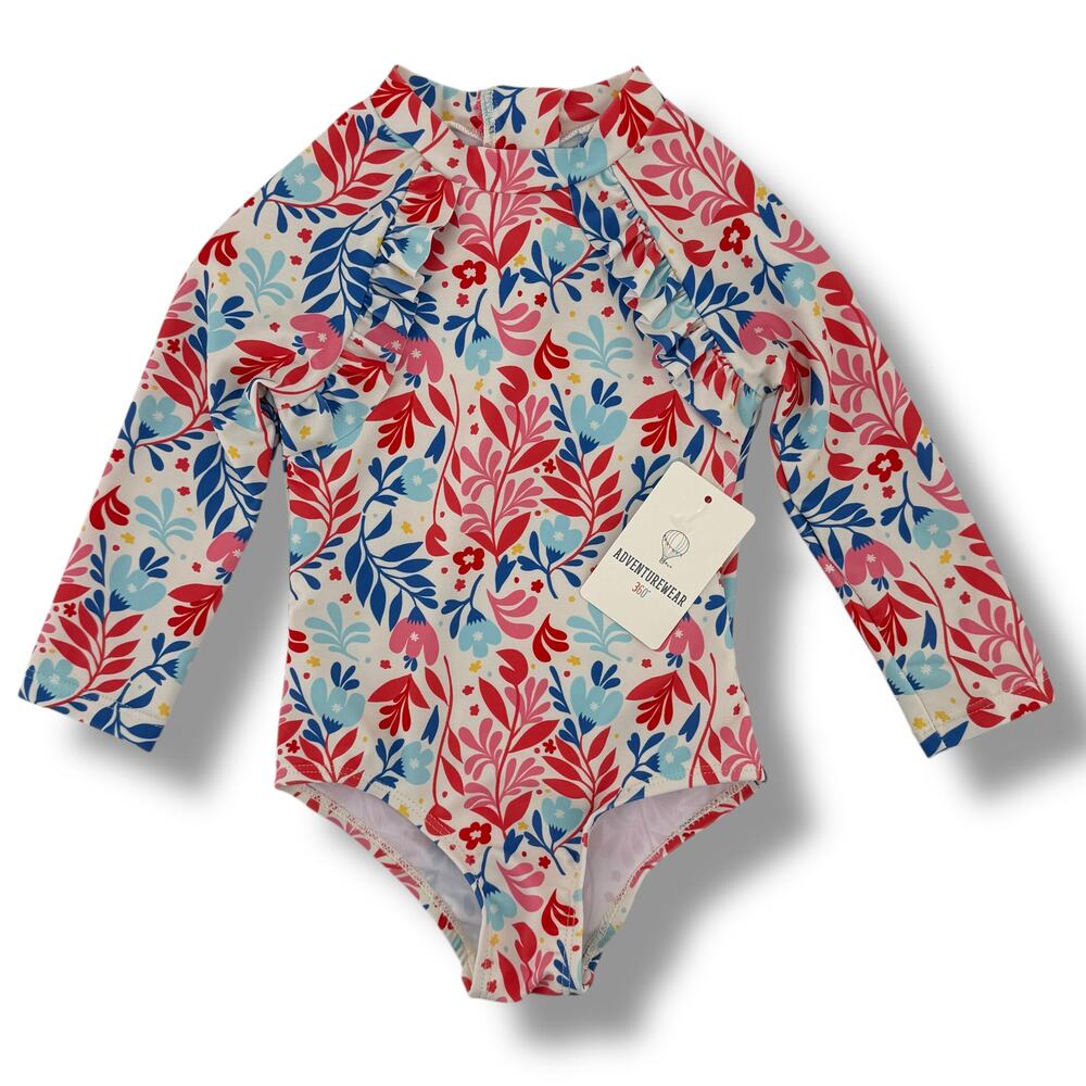 Folk Floral Swedish Ruffle Long Sleeve Rashguard Swim Suit Baby Girl Sz 12 Mos
